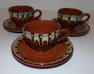 Troyan Pottery Bulgarian Redware Set Of Three Brown Demitasse Cups & Saucers