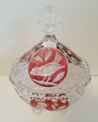 Vintage Ruby Red To Clear Cut Crystal Candy Dish With Lid