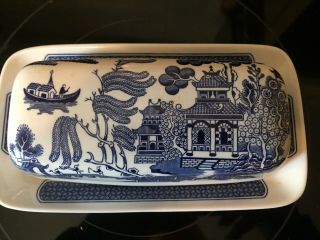 Vintage,  England,  Blue Willow,  2pc Butter Dish With Lid 2.  5in X 8in X 4.  5in