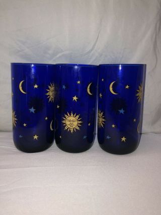 3 Vintage Libby Cobalt Blue Celestial Sun Moon & Stars Glasses 3 Tumblers