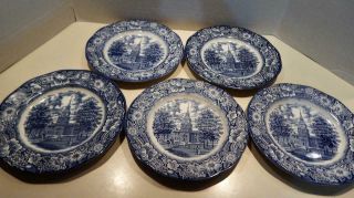 Set Of 5 Liberty Blue Staffordshire Independence Hall Dinner Plates - England