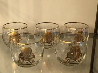 5 Vintage Roly Poly Mcm Bar Glasses With Gold Leaf Owl