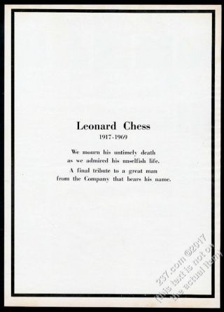 1969 Death Of Leonard Chess Memorial Chess Records Vintage Trade Print Ad