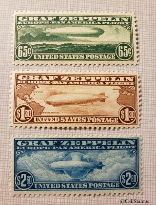 Us C13 - C15 Graf Zeppelin Airmail Set Vf - Xf Og H Cv $1060