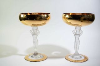 Vintage Bacchante Bayel Nude Stem Crystal Gold Wine Glasses