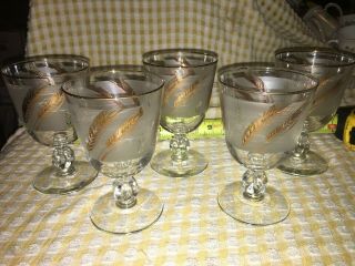 5 Vtg Libbey Golden Wheat Frosted Clear Glass Water Wine Goblet 10 Oz 5 1/2 " Mcm
