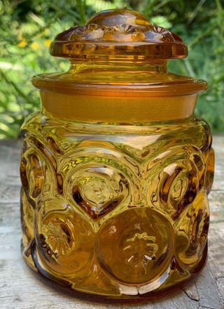 Vintage L.  E.  Smith Moon & Stars Canister Apothecary Jar Amber Yellow Glass Small