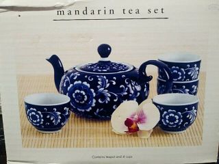 Pier 1 Mandarin Tea Set - Teapot & 4 Cups - - Cobalt Blue & White Flowers