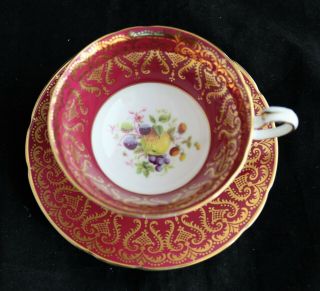Vintage Paragon Tea Cup & Saucer Red Maroon Gold Scrolls Fruits