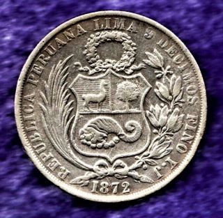 1872 Y.  J Peru Un Sol 90 Silver Dollar Crown Seated Liberty Scarce No=rsv