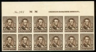 Us 222p4,  4¢ Lincoln,  Brown,  Plate No,  Block Of 12 Proof On Card,  Vf Scott $725