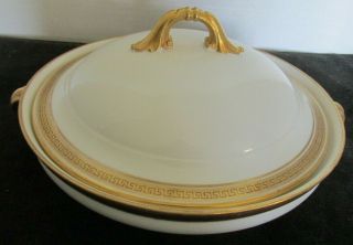 D&c France Limoges Bernardaud & Co Greek Key Gold White Covered Dish 9 1/2 " W
