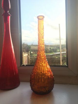 Dark Amber Drip Effect Vintage Mcm Italian Empoli Glass Genie Bottle Decanter