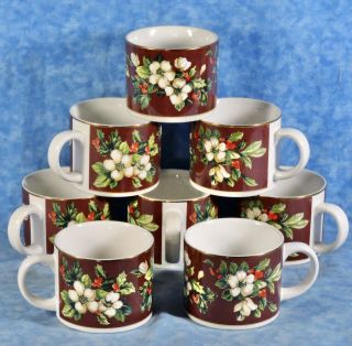 8 Sakura Splendor Burgundy Holiday Christmas Stoneware China 3 " Flat Cups / Mugs