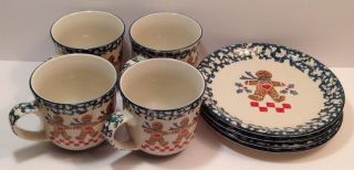 (8) Folk Craft Tienshan Gingerbread Spongeware Dessert Plates Coffee Mugs Green