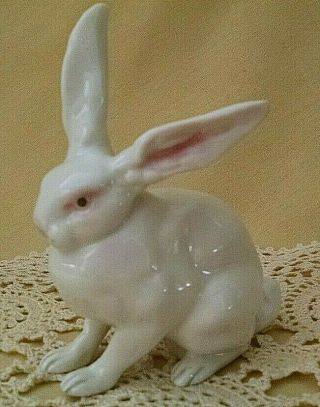 Rabbit Figurine Vintage Porcelain Jhr Hutschenreuther Germany White Bunny Pink.