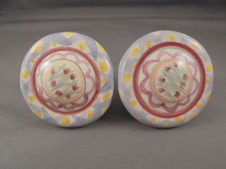 Pair Mackenzie Childs Pottery Drawer Pulls Knobs Tulips Disc Shape