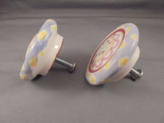 Pair Mackenzie Childs Pottery Drawer Pulls Knobs Tulips Disc Shape 2