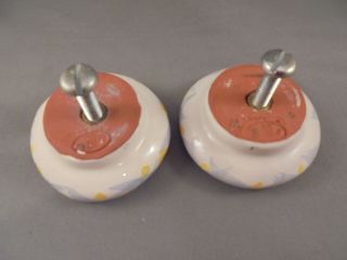 Pair Mackenzie Childs Pottery Drawer Pulls Knobs Tulips Disc Shape 3