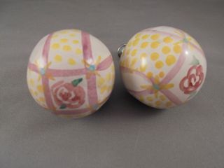 Pair Mackenzie Childs Pottery Drawer Pulls Knobs Rose In Square Ball Type