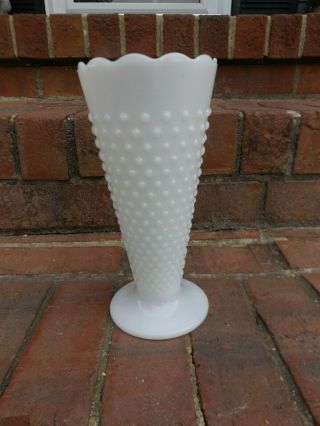 Vintage White Milk Glass Large Hobnail Vase Scalloped Edge Footed 9 3/4 " Tall