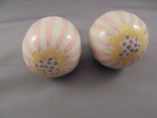 Pair Mackenzie Childs Pottery Drawer Pulls Knobs Blue Dots Green Pink Stripes