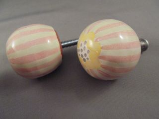Pair Mackenzie Childs Pottery Drawer Pulls Knobs Blue Dots Green Pink Stripes 2