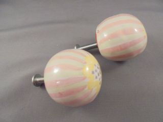 Pair Mackenzie Childs Pottery Drawer Pulls Knobs Blue Dots Green Pink Stripes 3