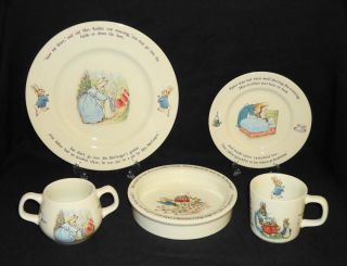 5pc Wedgwood Peter Rabbit Child’s Nursery Dish Set Plate Porringer Bowl Cup Mug