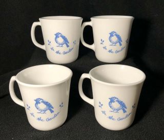 Vintage Set Of 4 " In The Garden " Corelle Corning Coffee Mugs Cups Blue Bird Euc