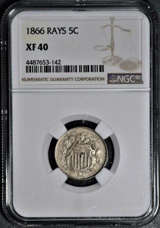 1866 5c Shield Nickel With Rays,  Certified By Ngc Xf40,  Ja1