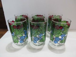 6 Vintage Libbey Glasses / Tumblers Red & Blue Flowers W/ Green Leaves