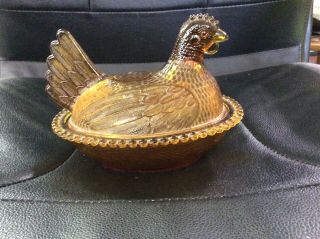 Fenton Amber Chicken Nesting Hen On Covered Dish Christmas Candy Dish Vintage