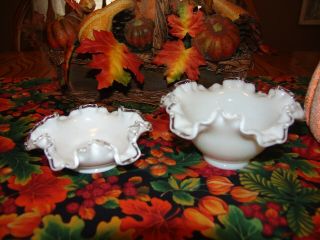 Set Vintage Fenton Silver Crest White Milk Glass Candy Dish Bowls Clear Ruffled