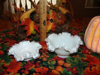 Set Vintage FENTON Silver Crest White Milk Glass Candy Dish Bowls Clear Ruffled 2