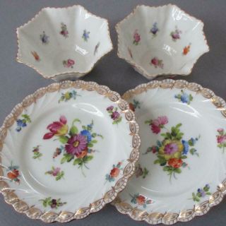 2 Antique Dresden Hp Porcelain Ramekins Custards,  Saucers Flowers W Gilt Trim