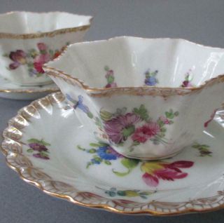 2 Antique DRESDEN HP Porcelain RAMEKINS Custards,  Saucers FLOWERS w Gilt Trim 2