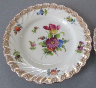 2 Antique DRESDEN HP Porcelain RAMEKINS Custards,  Saucers FLOWERS w Gilt Trim 3