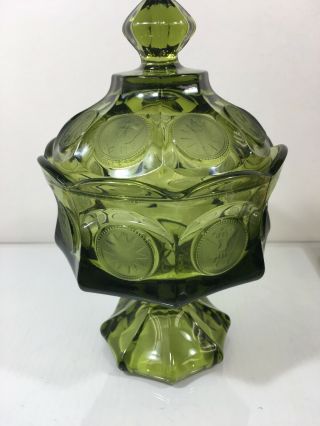 Vintage Fostoria Olive Green Coin Glass Covered Compote Candy Dish