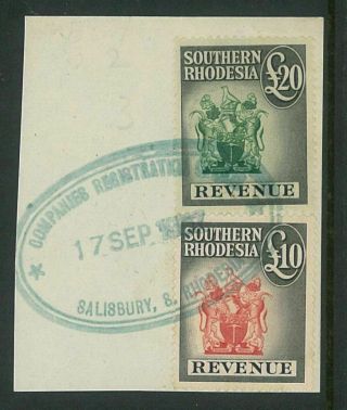 Southern Rhodesia - 1954 Arms Revenues £10 & £20 On Piece (me616)