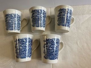 Set Of 5 Liberty Blue Staffordshire Moticello Design Coffee Cups/mugs - England