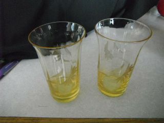 2 Vintage Yellow Etched & Ribbed Depression Glass Juice Drinking Glasses