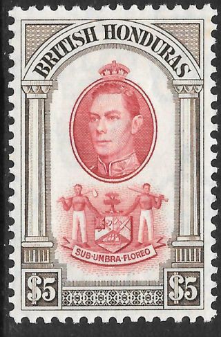 British Honduras 1938 $5 Scarlet & Brown,  Fm Hinged.  Sg 161.