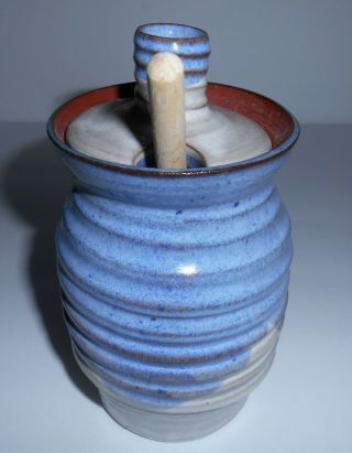 Handmade Ceramic Stoneware Honey Pot Signed With Wooden Dipper 1998