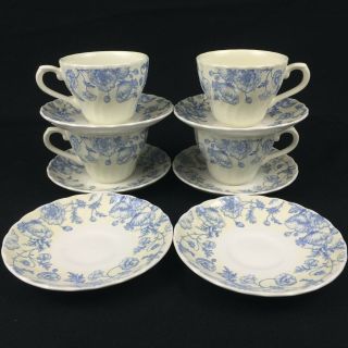 Vtg Set Of 4 Cups 6 Saucers Churchill English Tableware Blue Flowers Cream Edge