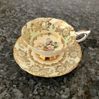 Royal Stafford Light Green Floral Gold Design Footed Teacup And Saucer