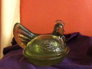 Vintage GREEN Glass HEN ON NEST Covered Dish Bowl 2