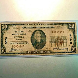 1929 $20 National Currency Bank Note Topeka Kansas 457 Ships