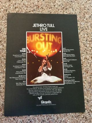1978 Vintage 8x11 Album Promo Print Ad Jethro Tull Bursting Out Live Tour Dates