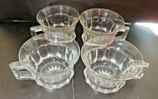 4 Antique Edwardian Cut Glass Custard Cups Polished Star Cut Base Squared Handle